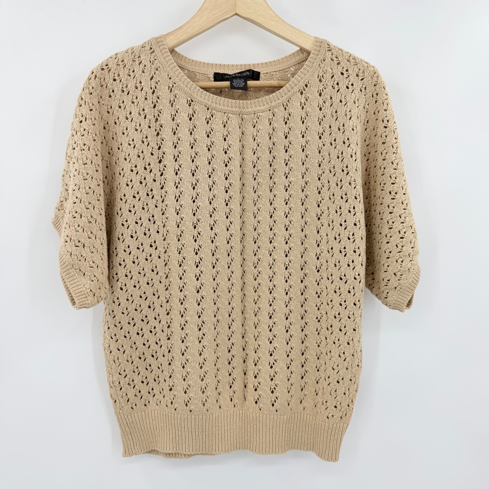 89th & Madison Womens Tan Pointelle Knit Short Sleeve Sweater Beige Large